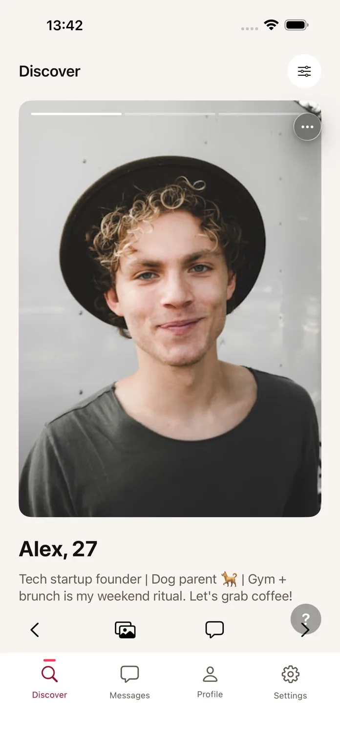 A Double Dot discovery card. A photograph fills a rounded card, with the name, age and a short bio beneath it, above a row of four controls: back, photos, message and next.