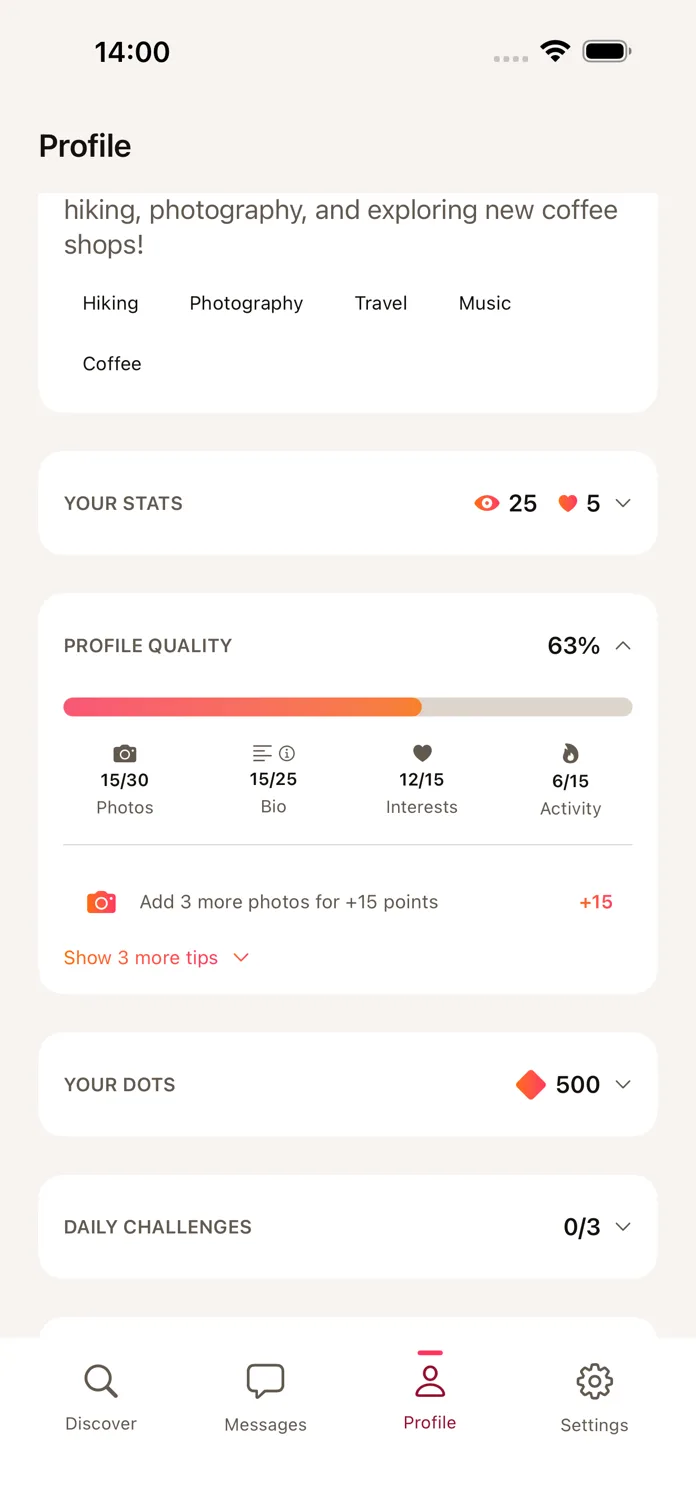The Double Dot profile screen. A profile quality score of 63 percent sits above a breakdown of photos, bio, interests and activity, with the tip "Add 3 more photos for +15 points".